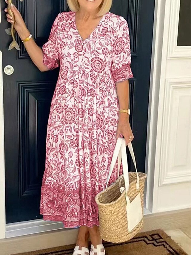  Damskie Sukienka midi Codzienne sukienki Sukienki w stylu boho Sukienka Boho Bohema Elegancki Codzienny Urlop Codzienny Luźna Graficzny Rękaw 1/2 W serek Rumiany róż Niebieski Błękit nieba Morelowy