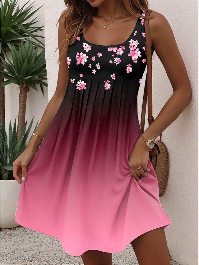  Dámské mini šaty petite šaty A-line šaty tank šaty letní šaty dovolená stylové příležitostné dovolená každodenní běžný střih ombre květinové grafické krátké rukávy kulatý výstřih růžová modrá zelená