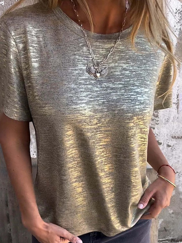  Mulheres Camiseta Tecido Moda Moderno Casual Manga Curta Gola Redonda Tops regulares Diário Final de semana Paetês Prata Preto Dourado Arco-íris Verão Primavera