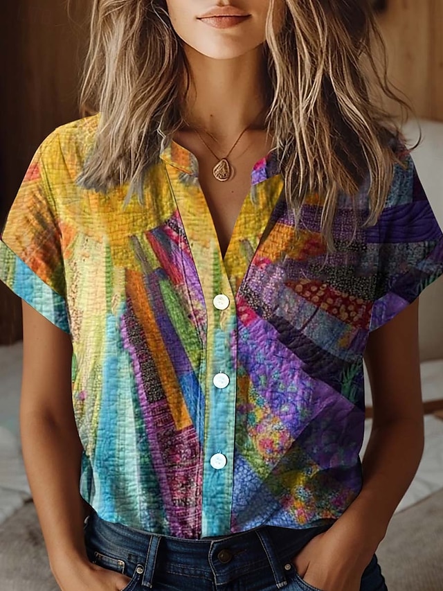  Damenhemd V-Ausschnitt Button-Down Bluse Floral Elegant Vintage Tropisch Kurzarm Hemd Kragen Reguläre Oberteile Täglich Knöpfe Druck Regenbogen Sommer