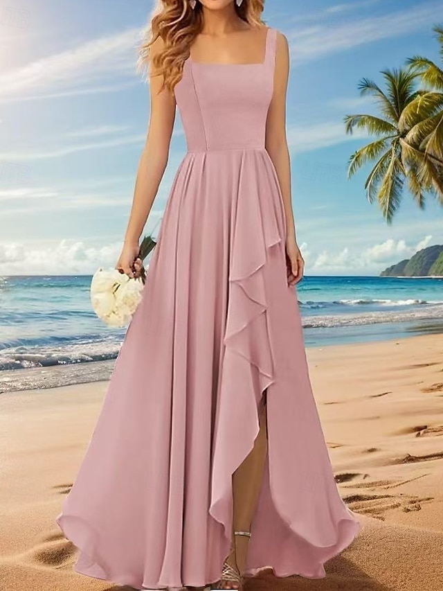  Linha A Vestido de Madrinha Correias / Decote Quadrado Sem Manga Elegante Longo Chiffon / Elastano com Pregas / Fru-Fru / Pregueado 2022