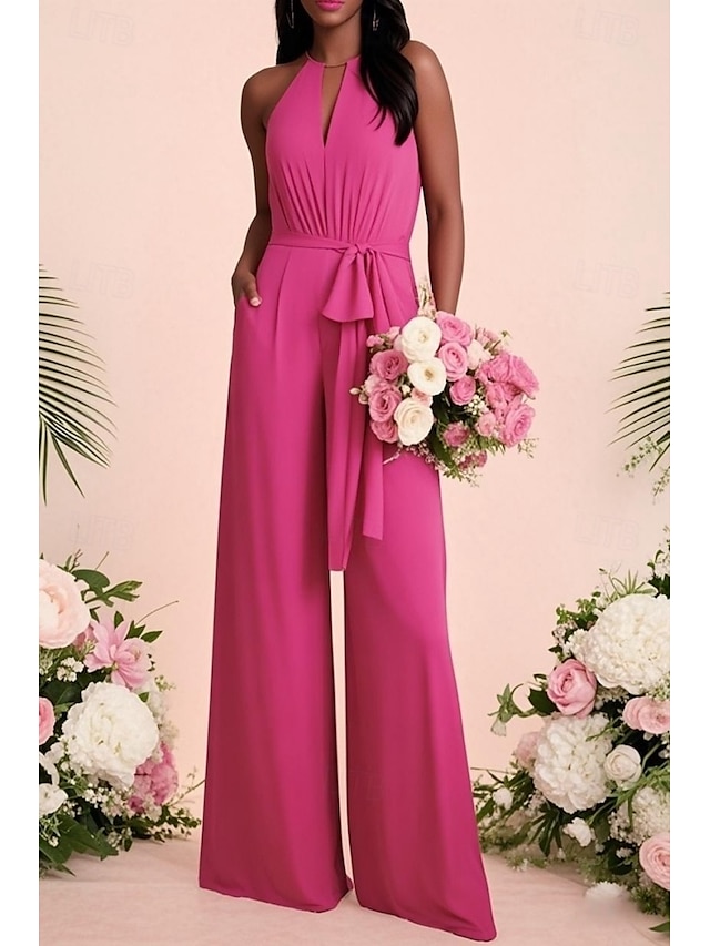  Combinaisons Robe de Demoiselle d'Honneur  Bijoux Sans manches Élégant Longueur au sol Tissu Extensible avec Ceinture / Ruban / Fronces 2022