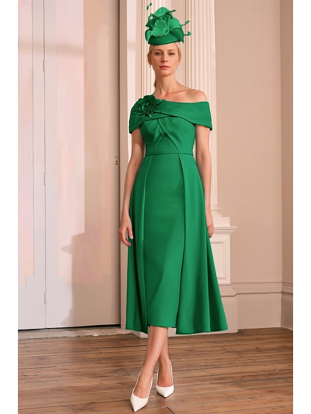  A-Line Vestidos de Cocktail Vestido Elegante Formal Casamento Comprimento do Tornozelo Manga Curta Um Ombro Cetim com Vestidos de Flor de Ombro