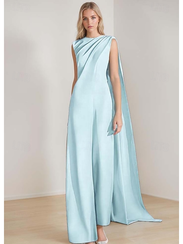  Combinaisons robe de soirée élégante invité de mariage train traînant sans manches col rond crêpe extensible avec drapés 2025