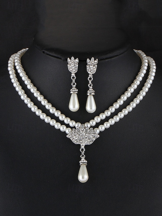  Elegante conjunto de joyas nupciales de perlas: collar de doble capa y aretes colgantes con detalles de diamantes de imitación, accesorios de boda vintage para mujeres, joyas formales para fiestas y veladas