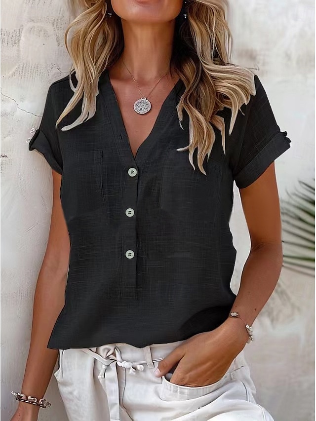  Damen Hemd Baumwoll-Leinen-Hemden Knopfleiste Bluse Einfarbig Basic Lässig Kurzarm V Ausschnitt Normale Oberteile Täglich Tasche Schwarz Rosa Blau Orange Hellgrau Sommer Frühling