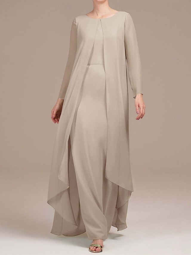  To Delt Mor til Bruden Kjole Elegant Vintage Simpel Crew Hals Gulvlængde Chiffon Lang Ærmejakke Kjoler med Solid Farve
