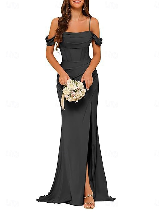  A-Line Bridesmaid Dress Spaghetti Strap Sleeveless Elegant Floor Length Nylon with Split Front 2022
