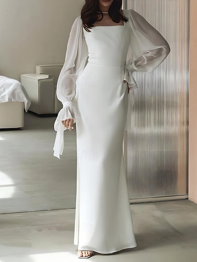  Empfang Kleine Weiße Kleider Hochzeitskleider Etui-/Säulen Quadrat-Ausschnitt Lange Ärmel Bodenlänge Chiffon Brautkleider mit Schleife(n) Einfarbig