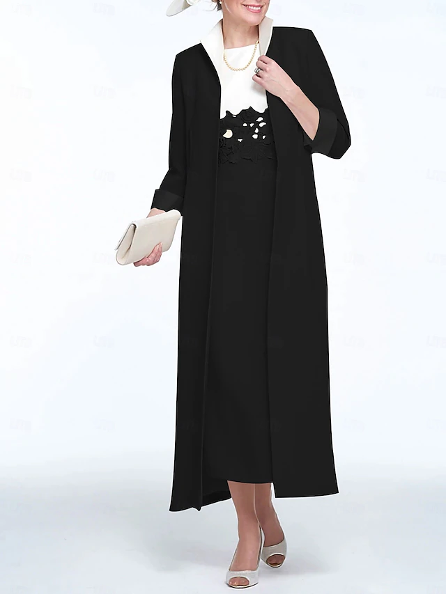 Two Piece Sheath Mother of the Bride Dress Wedding Guest Church Elegant Jewel Neck Ankle Length Stretch Fabric Sleeveless with Appliques Race Day Dress 10