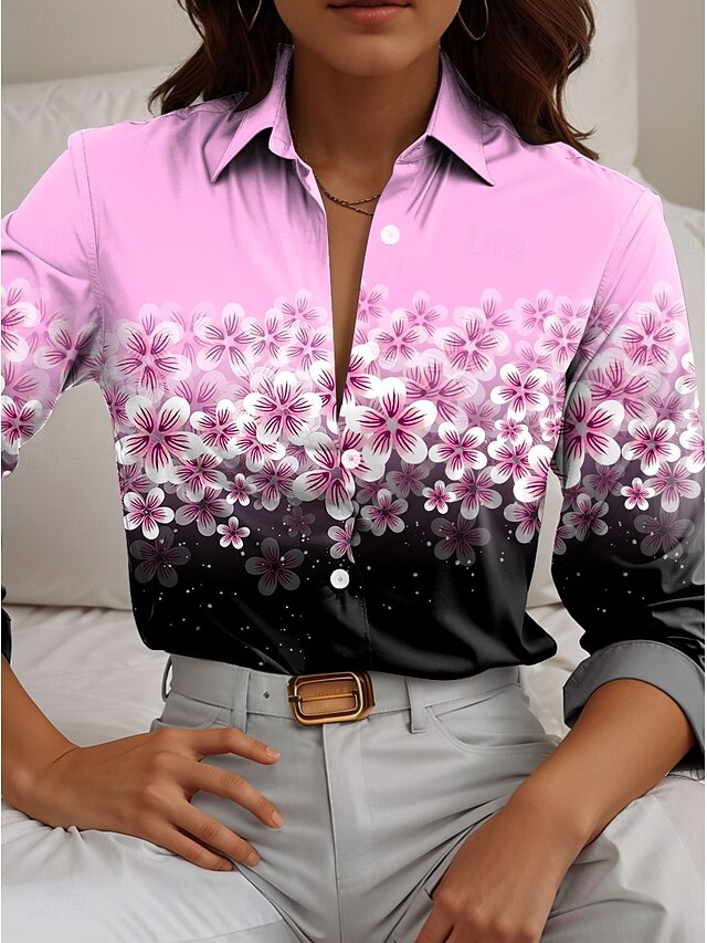  Per donna Camicia Floreale Casual Manica Lunga Colletto a Camicia Top Regolari Lavoro Quotidiano Bottoni Stampato Rosa Blu Verde Primavera Autunno Inverno