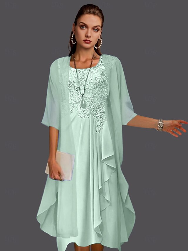 2 Piece Knee Length Crew Neck Lace Mother of the Bride Dress with Jacket