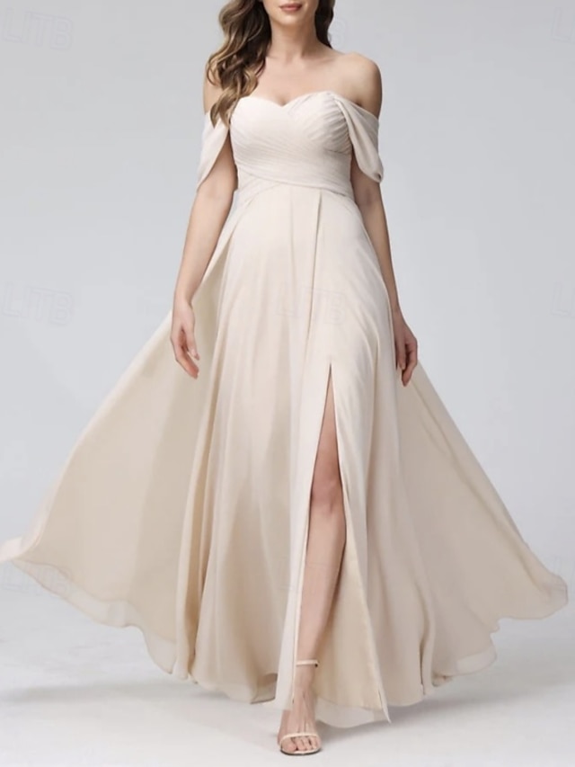  Abito da damigella A-Line scollo a cuore maniche corte elegante lunghezza a terra chiffon con spacco frontale  arricciature