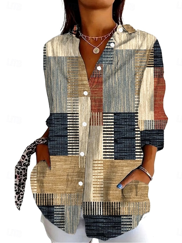  Camicia da donna grafica a quadri stilosa retrò vintage maniche 3/4 colletto top regolari giornaliera vacanze uscire bottoni khaki estate primavera