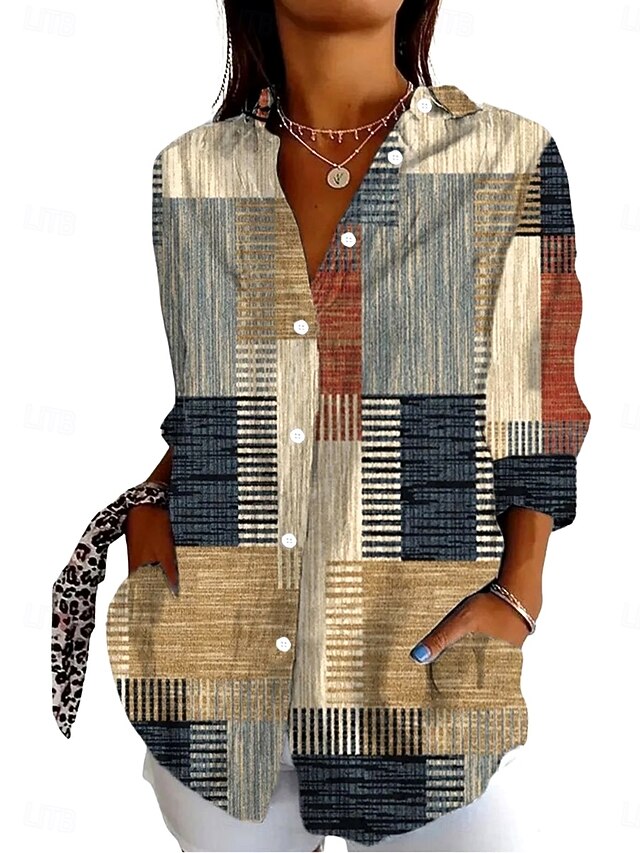 Women's Shirt Button Down Tunic Shirt Collar Long Sleeve Graphic Plaid Daily Stylish Retro Vintage 3/4 Length Sleeve Regular Tops Daily Holiday Going out s Khaki Spring4