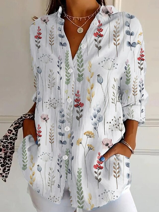 Women's Shirt Button Down Tunic Shirt Collar Long Sleeve Floral Graphic Daily Stylish Retro Vintage Regular Tops Daily Holiday Going out s White Spring4