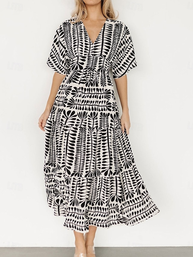  Női Midi ruha hétköznapi ruha Boho elegáns ruhák Boho ruha Csehország Szüret Stílusos Vakáció Hétköznapi Napi Normál Csík Rövid ujjú V-alakú Fekete Világoszöld Világoskék Nyár Tavasz