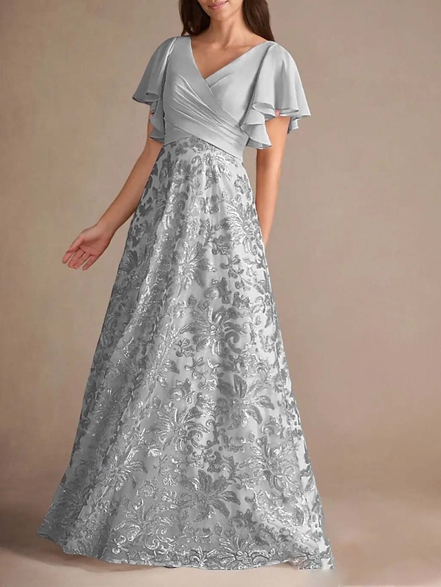  Robe de mère de la mariée trapèze élégante vintage simple col en V longueur au sol en mousseline de soie à volants manches courtes avec dentelle florale paillettes 2025
