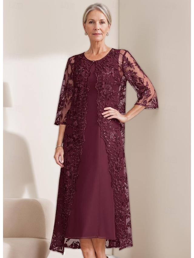  Conjunto de Vestido de Mãe da Noiva Elegante Vintage Simples Gola Redonda Comprimento Chá Chiffon Manga 3/4 Com Bordas em Cascata com Aplique de Renda Floral com Lantejoulas 2025