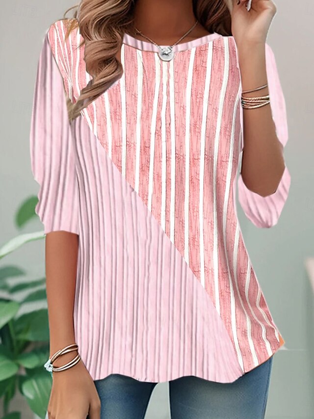 Women's T shirt Crew Neck Long Sleeve Tunic Graphic Striped Elegant Vintage  Regular Tops Daily Going out Weekend Print Pink4
