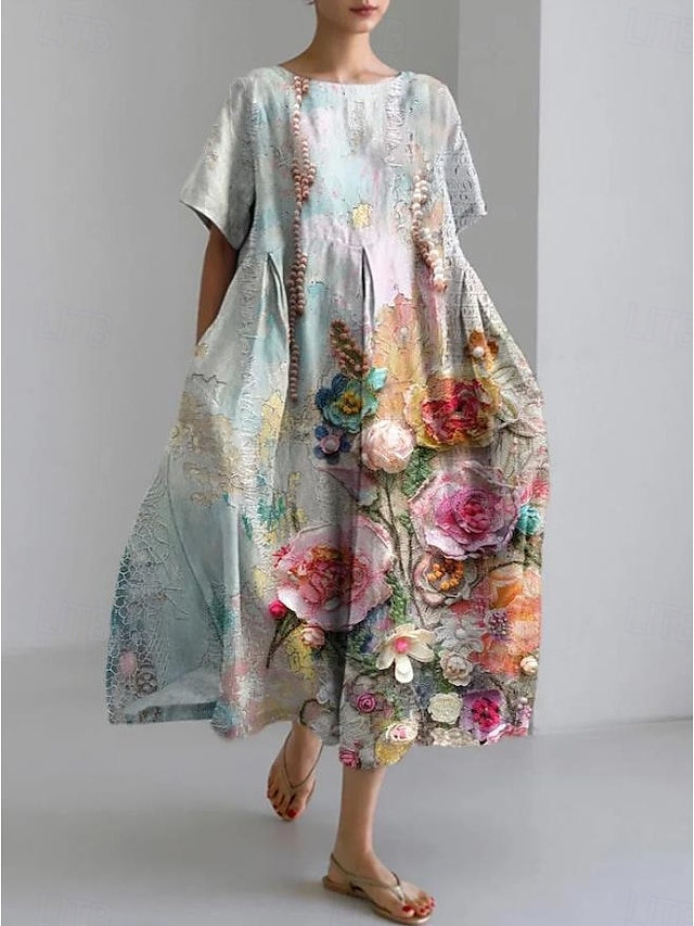  Vestito maxi da donna abito casual abito casual vacanza vestibilità ampia grafica floreale in lino simile a manica 3/4 girocollo blu chiaro primavera autunno inverno