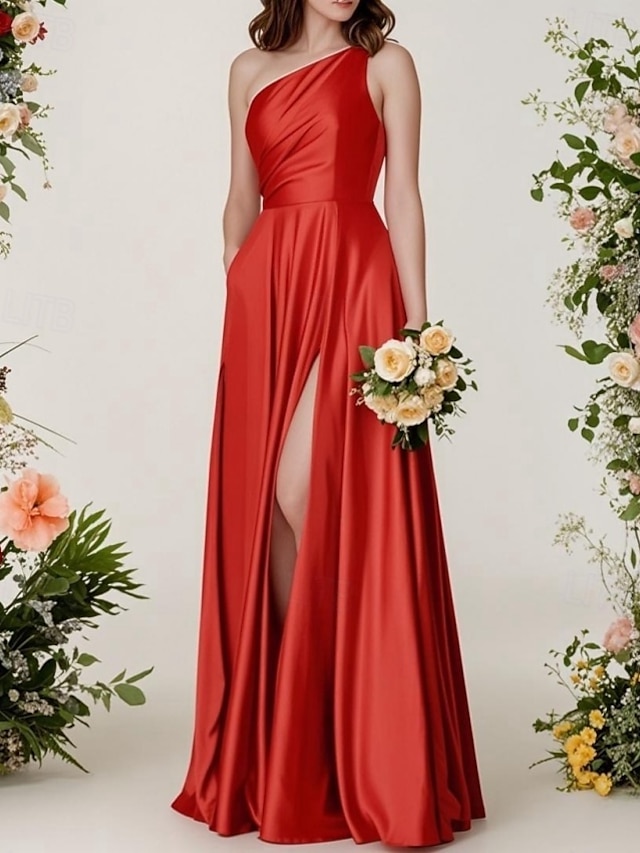  A-Line Bridesmaid Dress One Shoulder Sleeveless Elegant Floor Length Charmeuse with Split Front / Ruching