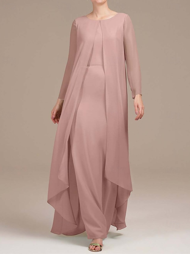  Zweiteiliges Kleid Mutter der Braut Elegant Vintage Einfach Rundhals Bodenlänge Chiffon Langarm Jackenkleider mit einfarbig
