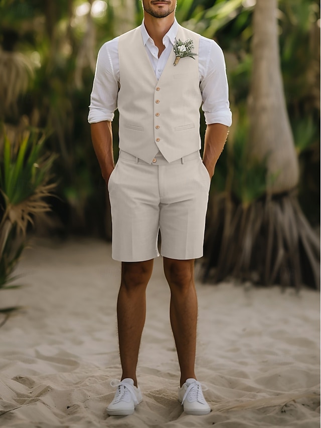  Men's Wedding Linen Suits Vest Shorts Groomsmen Suits Beige Fashion Casual Summer Solid Colored Standard Fit 2 Piece