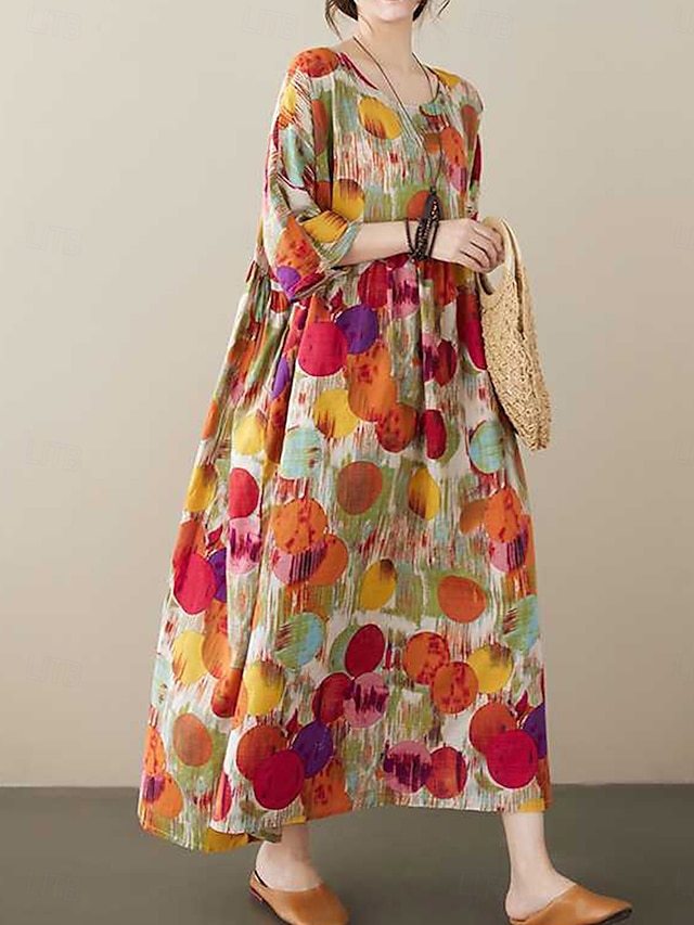  Per donna Abito maxi Abiti in cotone e lino Vestito Casual Abiti Boho Chic Essenziale Casual Vacanza Quotidiano Vestibilità regolare Grafico Manica Corta Girocollo Rosso Blu Estate