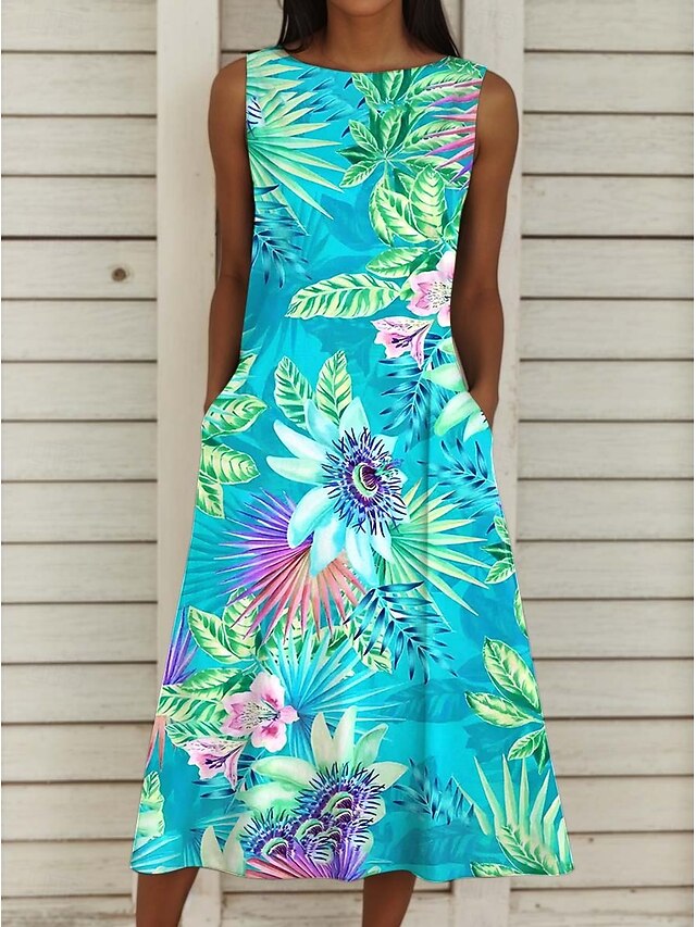 Women's Midi Dress Sundress A Line Dress Summer Dress Vacation Casual Cocktail Vacation Regular Fit Floral Graphic Sleeveless Crew Neck Green Summer4