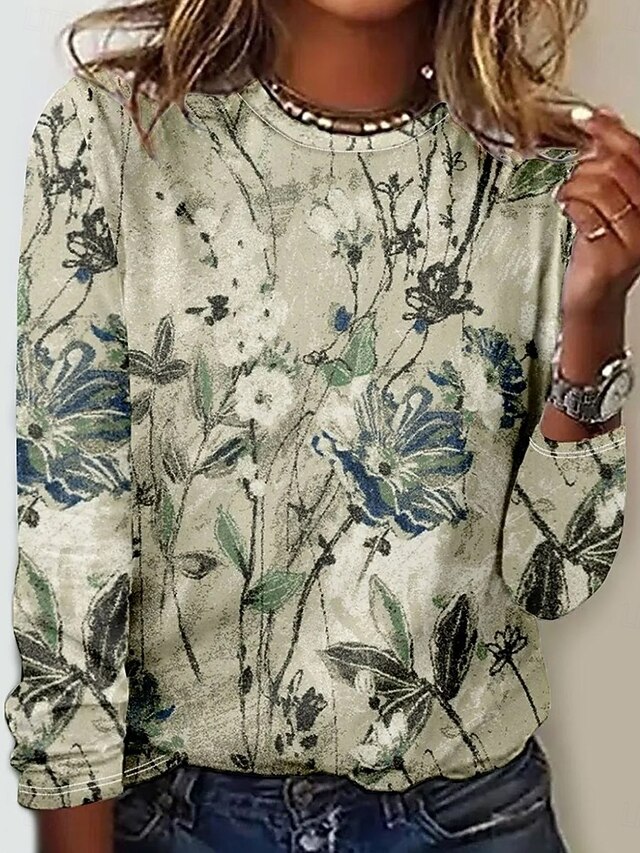 Women's T shirt Crew Neck Long Sleeve Tunic Floral Plants Elegant Vintage  Regular Tops Daily Going out Weekend Print Light Green4