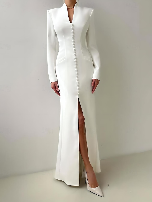 Zeemeermin  Trompet Moeder Van De Bruid Jurk Tuxedo Jurk Elegante Hoge Split V-Hals Vloerlange Satijn Lange Mouwen met Split