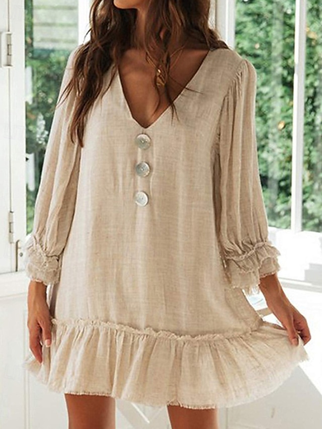  Damen Minikleid Leinen-inspirierte Kleider Freizeitkleid Baumwoll-Leinenkleid Stilvoll Lässig Urlaub Täglich Date Normale Passform Einfach Langarm V Ausschnitt Schwarz Beige Leicht Blau Sommer