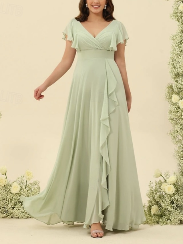  Linha A Vestido de Madrinha Decote V Manga Curta Elegante Longo Chiffon com Fru-Fru / Franzido 2022