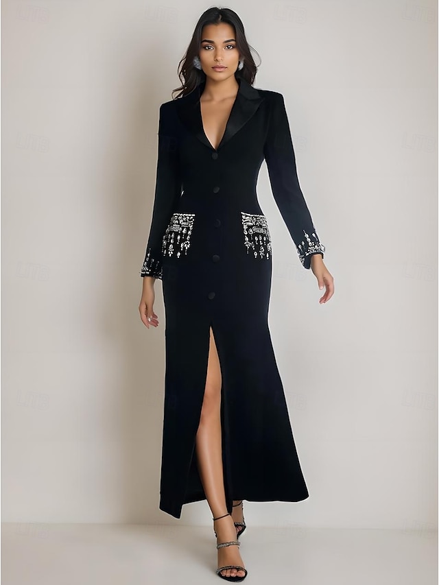  Blazer-Kleid A-Linie Brautmutter Kleid Tuxedo-Kleid Elegant Hoher Schlitz Hemdkragen Bodenlange Stretchstoff Lange Ärmel mit Kristallen 2025