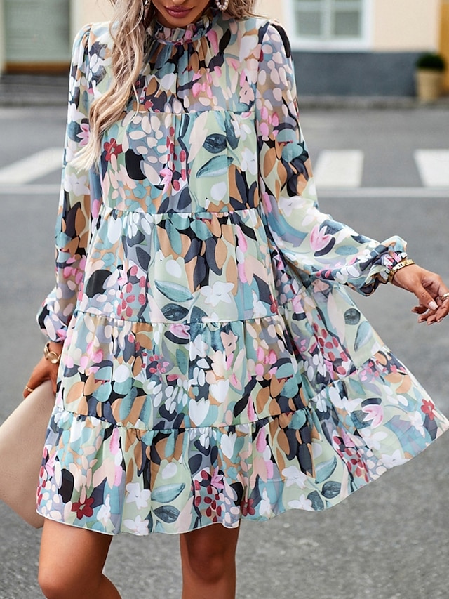  Women's Mini Dress Casual Dress A Line Dress Stylish Casual Vacation Daily Regular Fit Floral Long Sleeve Stand Collar Green Apricot Summer