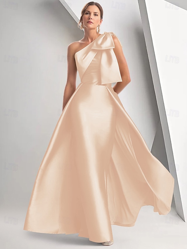  Vestido A-Line Vestido de Noite Vestido Elegante Formal Comprimento do Chão Sem Mangas Um Ombro Casamento de Outono Cetim com Laço(s)
