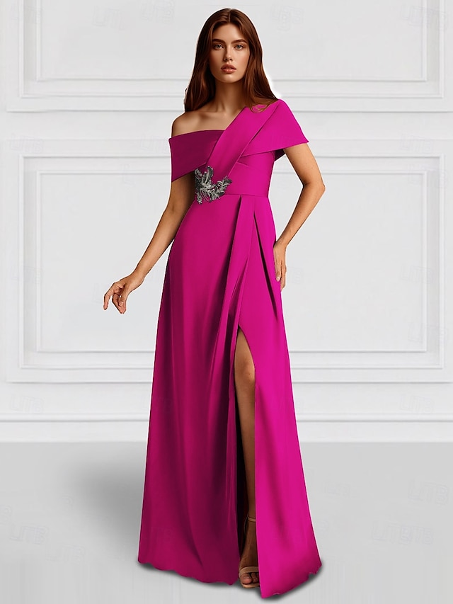 Robe de soirée A-Line élégante robe de mariage invitée de soirée longueur de sol sans manches épaule unique poche satin avec châle