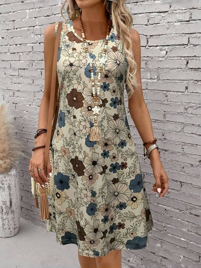  Damskie Sukienka mini Codzienne sukienki Sukienka na szerokich ramiączkach Elegancki Codzienny Urlop Codzienny Regularny Kwiaty Krótki rękaw Półgolf Khaki Lato