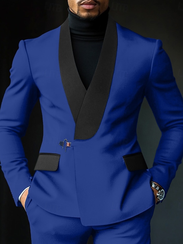 Costumes d'affaires de fête pour hommes Costumes de retour à la maison Bleu royal Vert foncé Mode Tenue de travail Couleur unie Ajustement standard 2 pièces Simple boutonnage un bouton