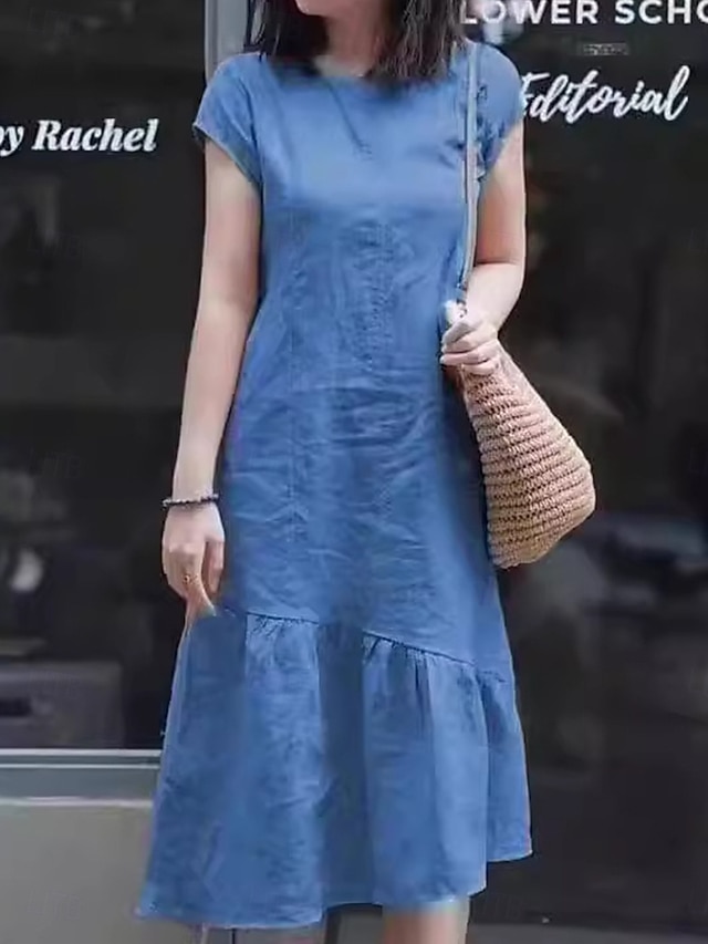  Naisten Maksimekko Rento mekko Puuvillapellavamekko A linjainen mekko Perus Vapaa-aika Loma Päivittäin Normaali Tavallinen Lyhythihainen Tiukka pyöreä kaula-aukko Keltainen Rubiini Sininen Purppura