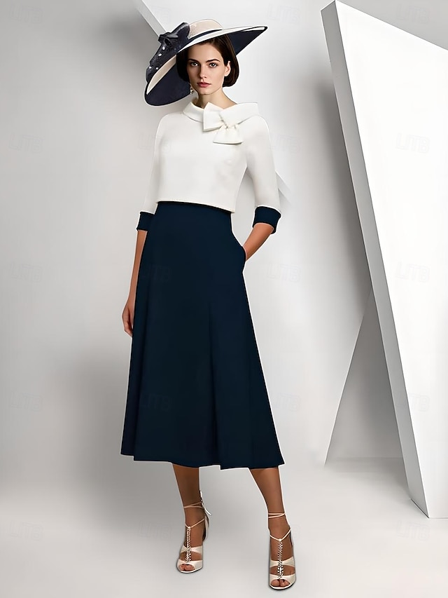  Conjunto de Vestido Mãe da Noiva Elegante Vintage Simples Decote Redondo Comprimento do Chá Tecido Elástico Manga 3/4 com Vestido Sem Mangas Decote Redondo Laço(s) Bloco de Cor Vestido Dia da Corrida