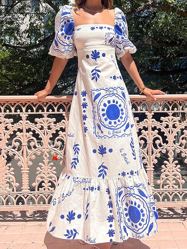  Damskie Długa sukienka sukienka maxi Codzienne sukienki Letnie sukienki Sukienka Boho Moda Latarnia rękawem Na zewnątrz Święto Randka Regularny Geometryczny Krótki rękaw Z odsłoniętymi ramionami