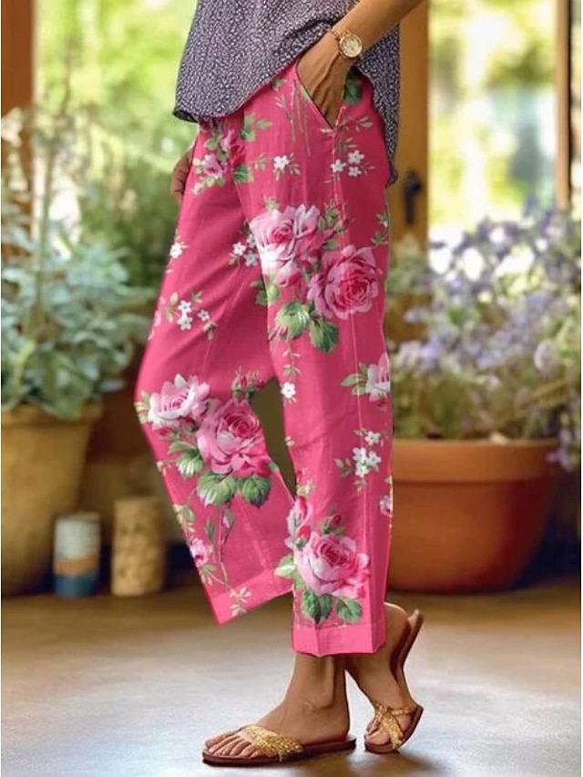  Calças de Algodão e Linho Femininas Calças Largas Estilo Linho Moda Estilo de Rua Comprimento Total Cintura Alta Estampas Gráficas Florais Térmicas Quentes Respirável Macio Microelástico Para o Dia a