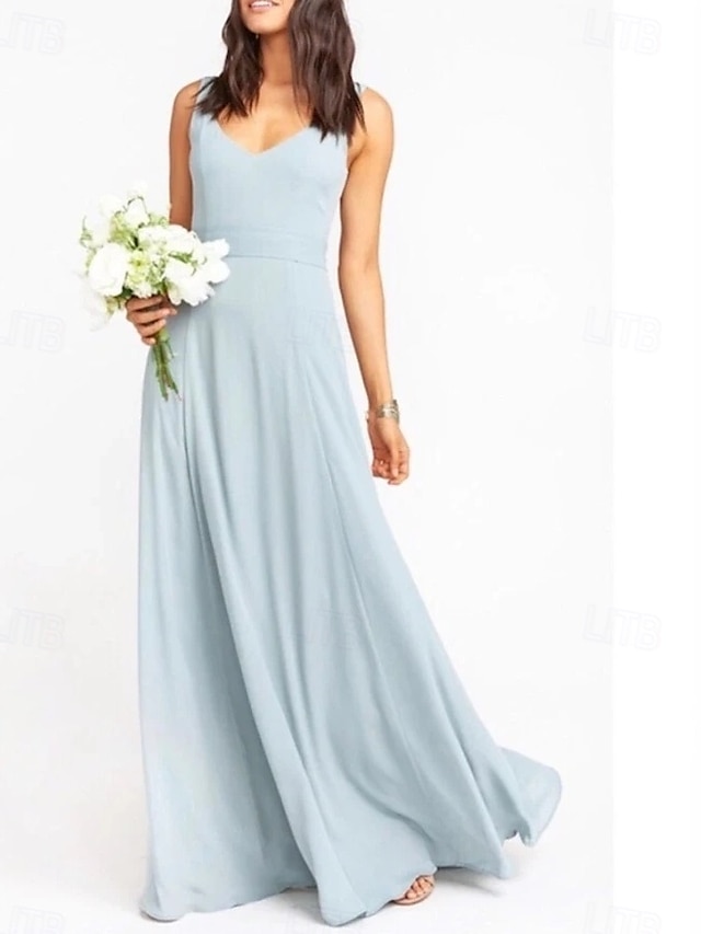  Linha A Vestido de Madrinha Decote V Sem Manga Azul Longo Chiffon / Elastano com Faixa / Fita / Pregueado / Cor Única 2022