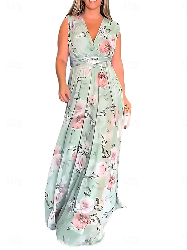  Women's Maxi Dress A Line Dress Summer Dress Stylish Casual Vacation Daily Regular Fit Floral Short Sleeve V Neck Light Green Sky Blue Light Blue Summer