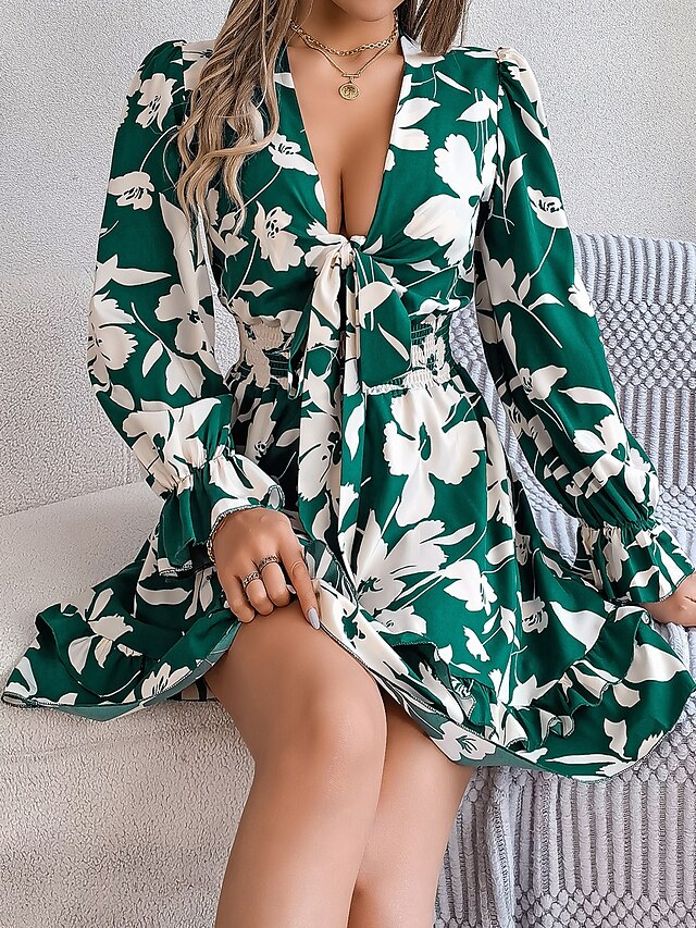  Ramadan Women's Normal Mini Dress Boho Chic Dresses Boho Dress Cami Dress Off The Shoulder Dress Bohemia Stylish Sexy Puff Sleeve Vacation Party Birthday Form Fit Floral Graphic Long Sleeve Plunging