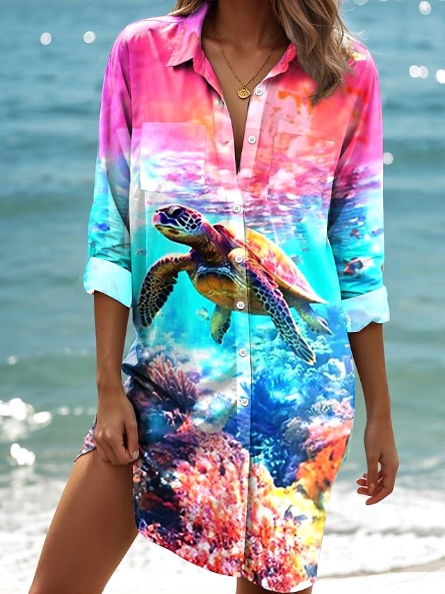  Kvinnens mini kjole skjortekjole Mini Kjoler Ombre Grafisk Dyre Elegant Tropisk Hawaiian Lange ermer Kjoler Krage Lang Knapper Print Himmelblå Sommer Vår