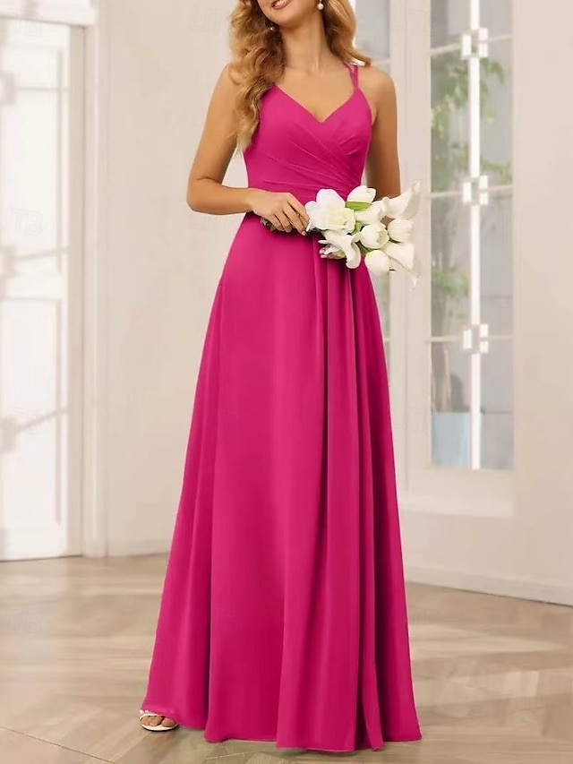  Linha A Vestido de Madrinha Decote V / Com Alças Finas Sem Manga Elegante Longo Chiffon / Elastano com Cruzado / Pregueado / Franzido 2022