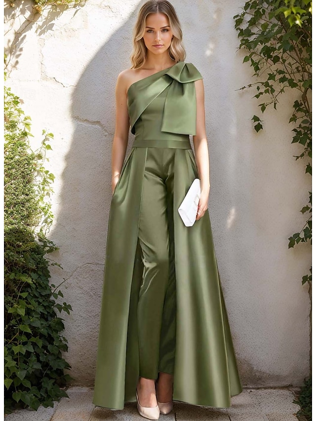  Combinaisons Robe de Soirée Élégante Avec Jupe Détachable Robe Invité au Mariage Longueur de Sol Sans Manches Épaule Dénudée Satin Vert Sauge avec Nœud(s)